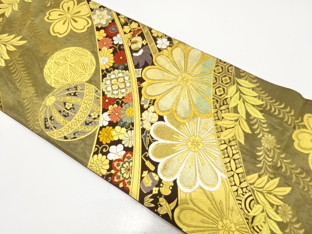 毬に花・宝尽くし模様織り出し　全通振袖用袋帯